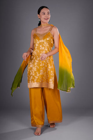 Yellow Banarasi Short Kurta Set with Zari Weaving