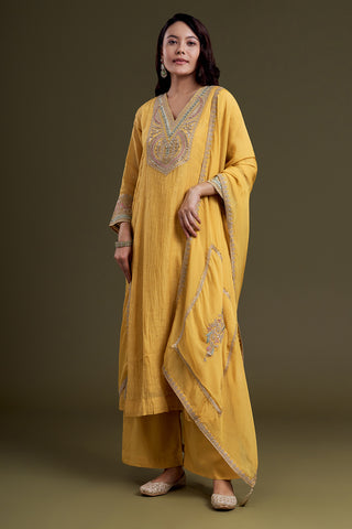 Yellow Mustard Chanderi Silk Kurta Set