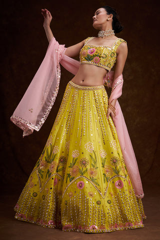 Yellow Raw Silk Contemporary Lehenga with Sequins and Acrylic Plastic Foil Work