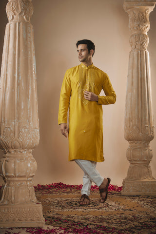 Yellow Art Silk Kurta Set with Mirror Embroidery
