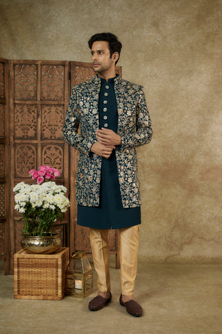 Yale Blue Georgette Sequinned Open Indowestern Set