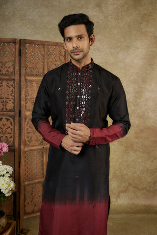 Ombré Black Garnet Silk Kurta Set with Mirror Work